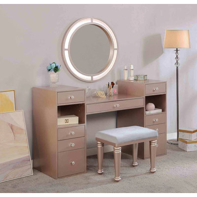 Glam Style 1Pc Vanity W/ Padded Stool Set 3Mm Mirror Storage Drawers LED On Mirror Tiffany Blush Finish Bedroom Furniture
