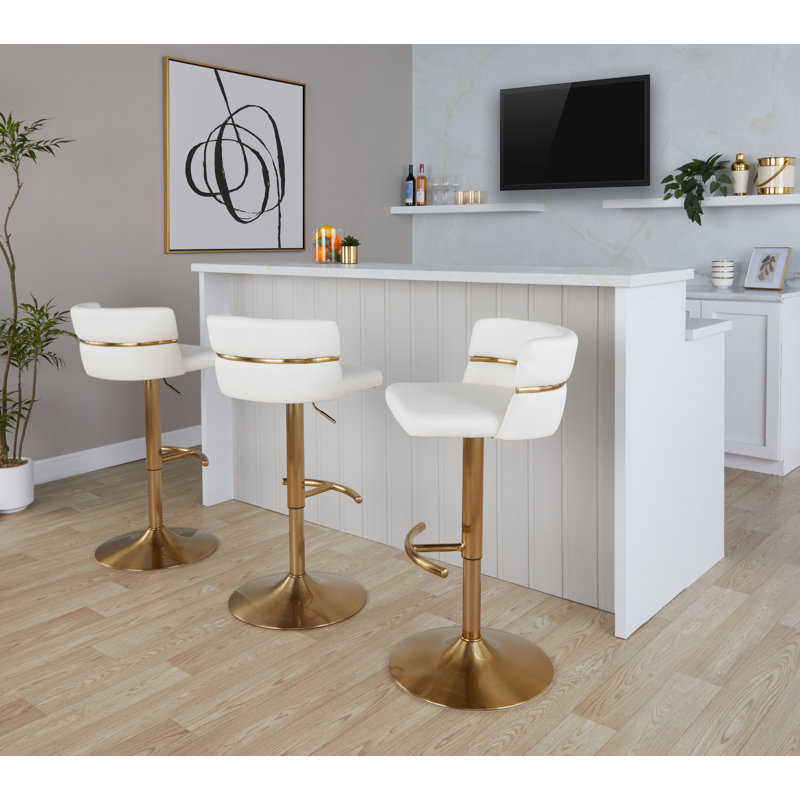 Swivel Upholstered Faux Leather Adjustable Height Counter Stool with Steel Frame, White Faux Leather/Gold Frame