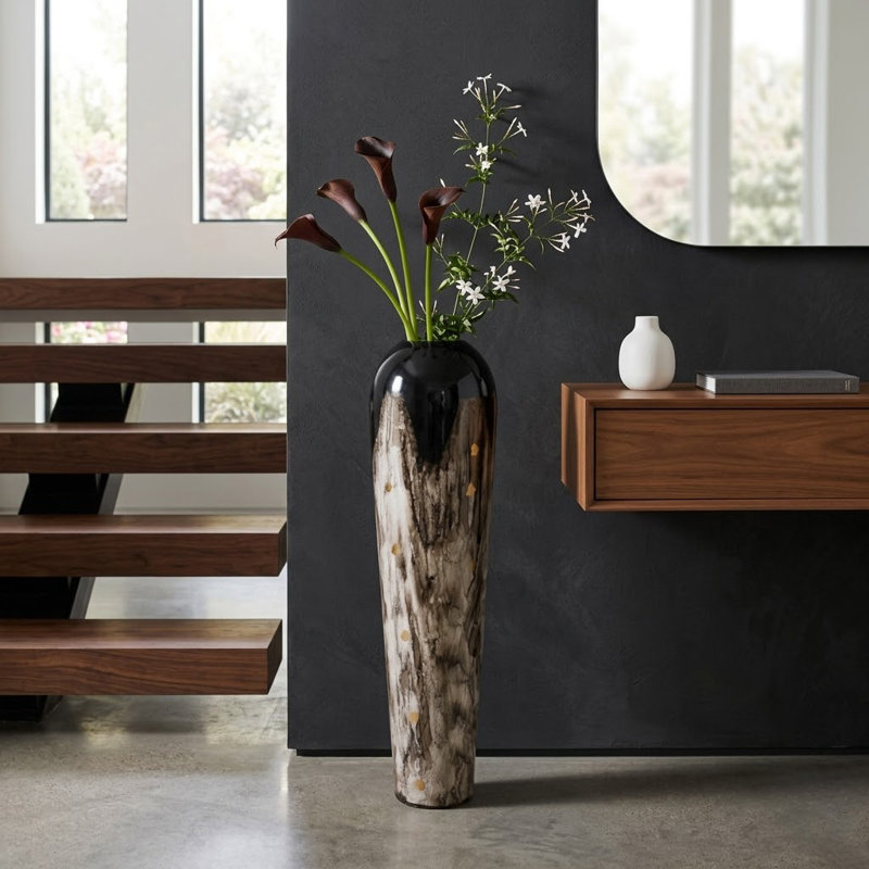 Tapered Iron Vase With Marbleized Finish For Home Decor - Modern Tall Flower Vase For Entryway Table Or Floor Accent