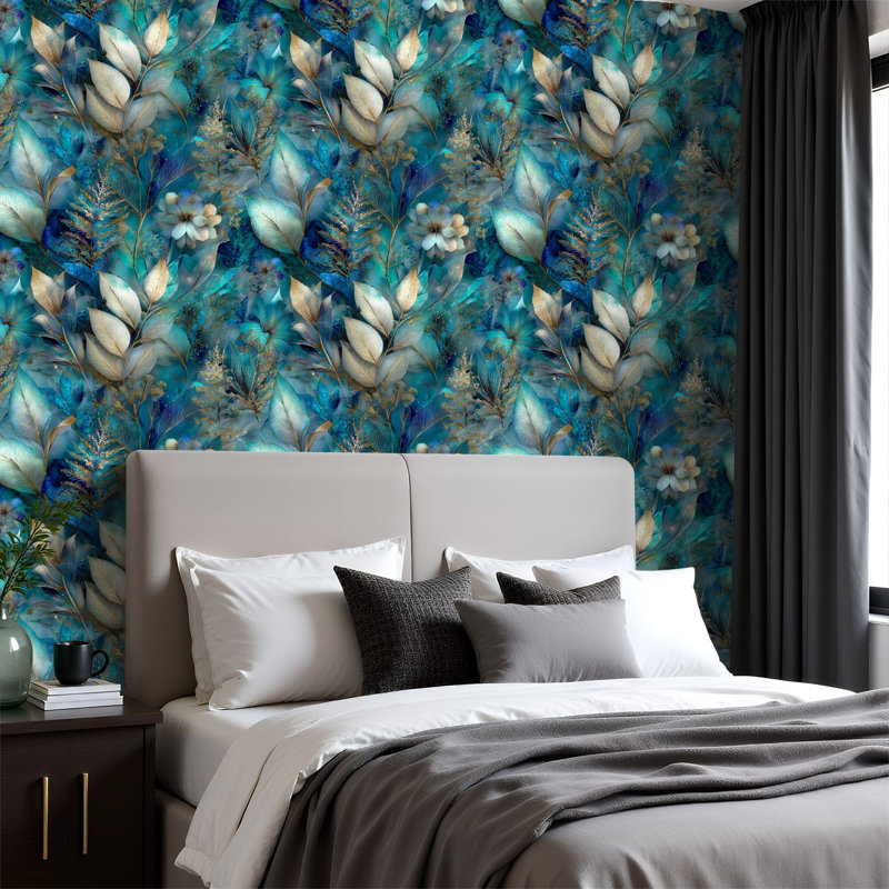 Papier peint adhésif peler et coller en PVC, revêtement mural auto-adhésif amovible avec imprimé floral de fantaisie luxueux et feuillage botanique, imperméable pour la décoration intérieure - rouleau