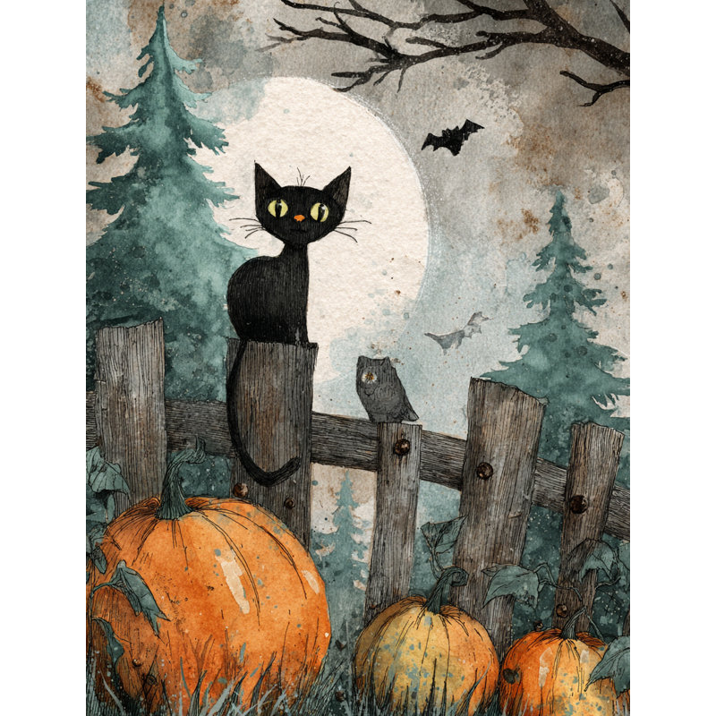 Chat noir avec citrouilles et lune, art mural sur toile tendue, H 24 po x l 16 po