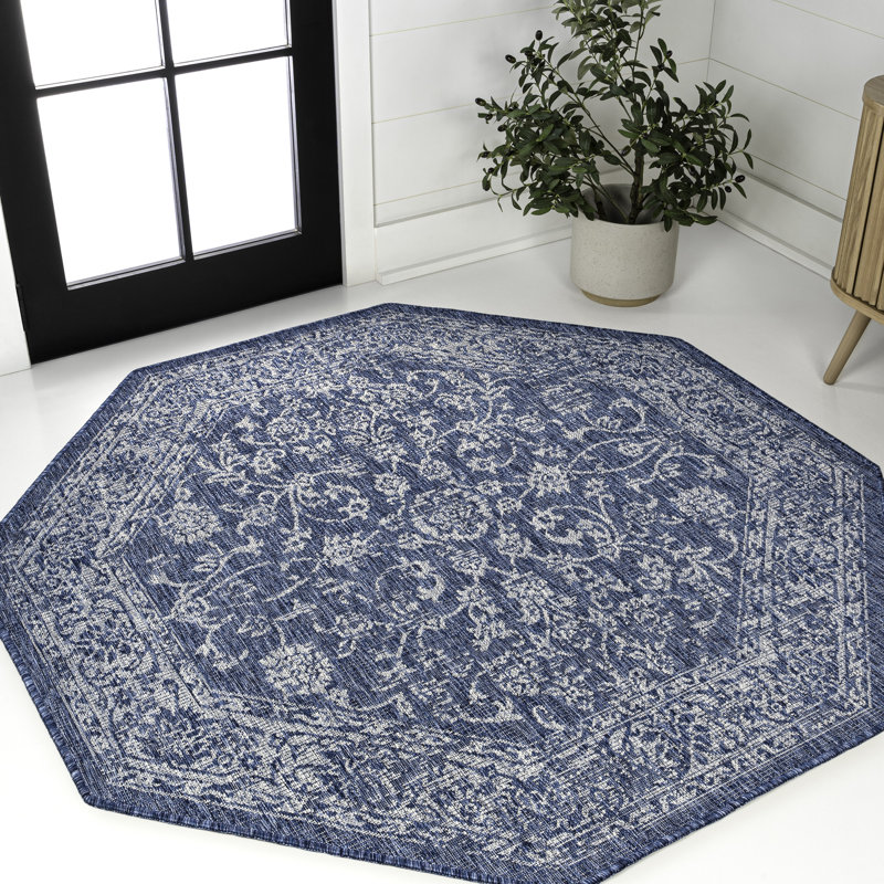 Leonora Bohemian Textured Weave Floral Navy/Gray Indoor/Outdoor Rug, Octagon 7'9"