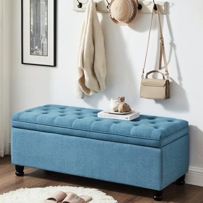 Button Linen Storage Bench With Blue Cover And Solid Wooden Construction Fabric Upholstered In Secure Legs
