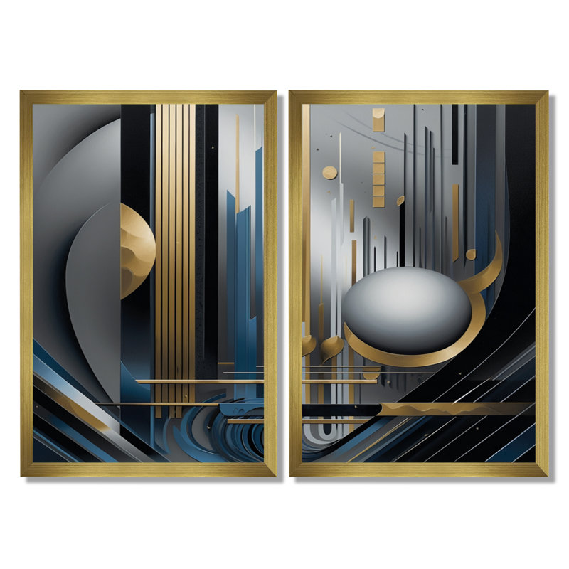 «Minimal Tech Blue Silver Sphere», art mural géométrique, impression sur toile abstraite dorée 2 pièces, H 36 po x l 48 po
