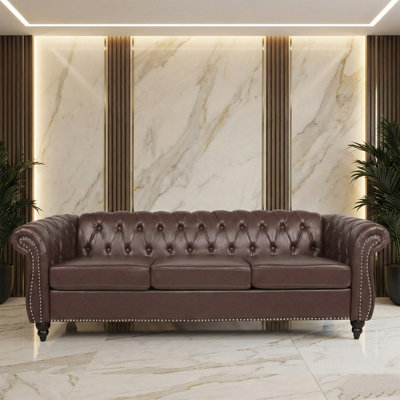 Classic Chesterfield PU Leather Sofa with Tufted Back, Rolled Arms & Nailhead Trim