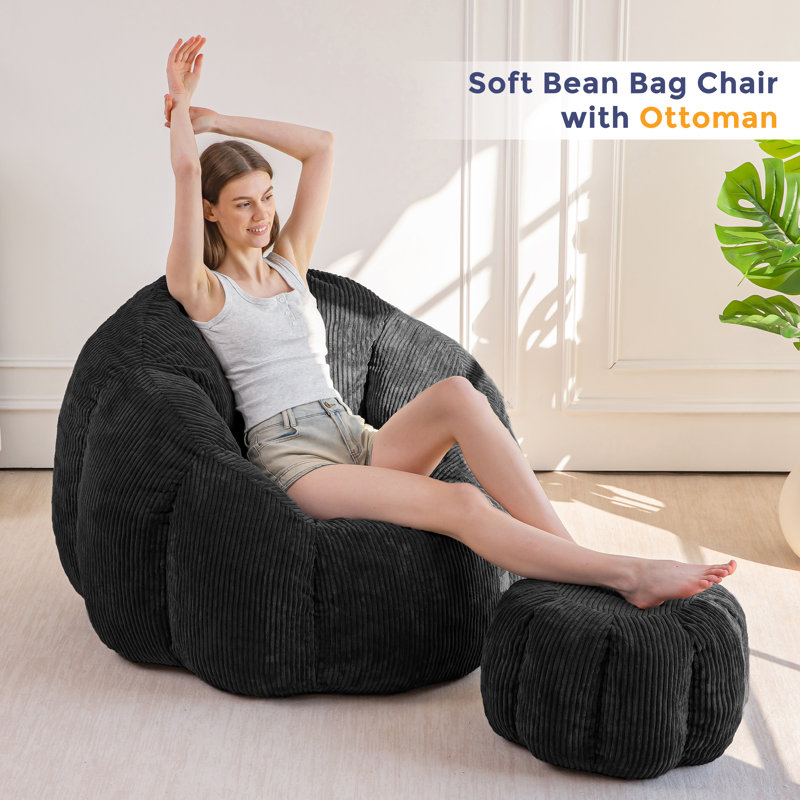 Giant Corduroy Bean Bag Chair With Ottoman Pumpkin-shaped Bean Bag Sofa With Footstool, Black