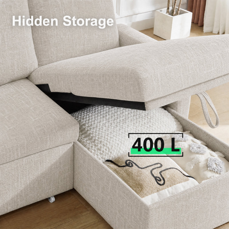 105" Pull Out Sofa Bed Sectional Sleeper Sofa With Storage,Pullout Modular Sectional Couches For Living Room, U Shaped Convertible Couch Bed For Apartment