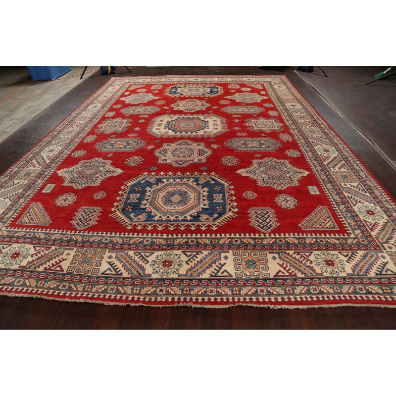 Tapis rouge en laine noué à la main de conception unique 9 pi 10 po x 13 pi 8 po