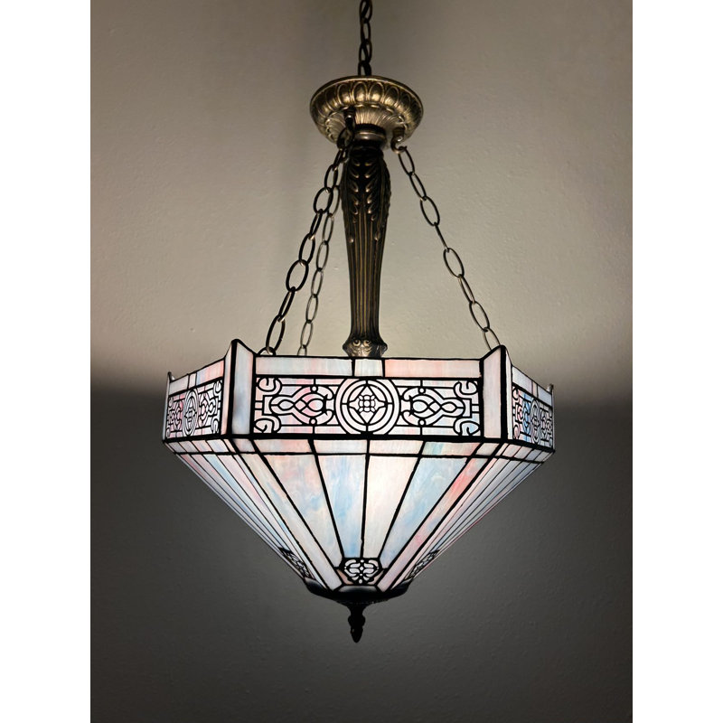 Spuyten Tiffany Pendant Lights Ceiling Light White Stained Glass Hexagon LED Bulbs Included 16"W*16"D*60"H, Blue/Pink