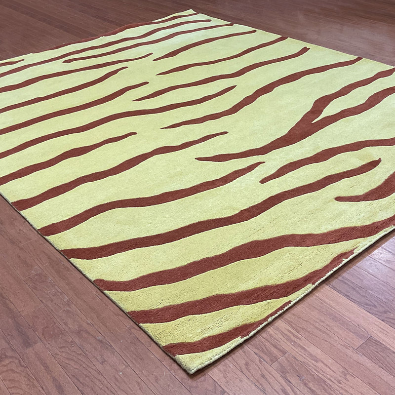 Tapis jaune / brun en laine touffeté à la main Indo, Rectangle 8 pi x 10 pi