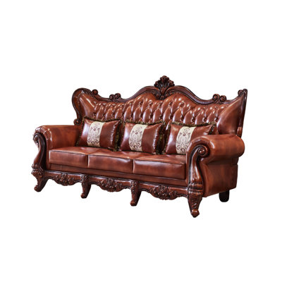 European Style Leather Sofa American Carved Sofa 92.5'' Genuine Leather Rolled Arm Sofa -  FURNITURE LEISURE, INC., HJF31TNHFM5