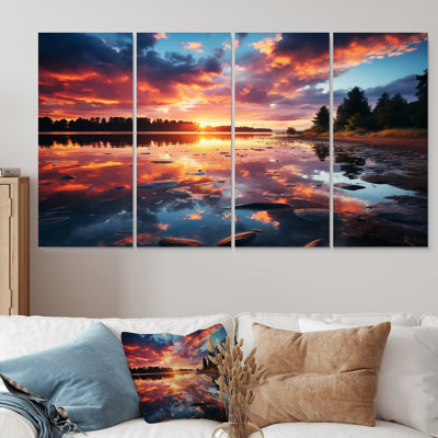 «Horizon Sunset By The Lake I - Lake», art mural 4 pièces
