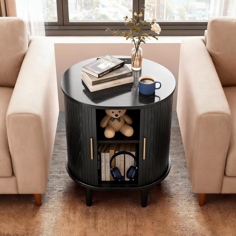 Table de chevet en bois de 19,69 po avec armoire de rangement, table de bout ovale avec tablette réglable et station de charge (noir)