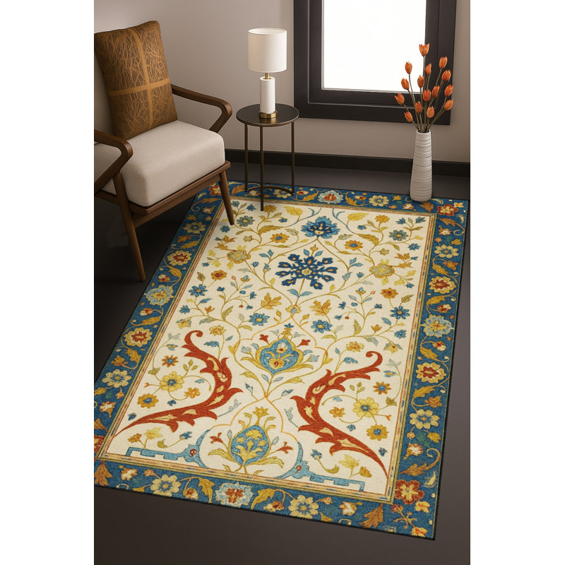 Tapis bleu tissé lavable rétro Mosso, 2 pi 6 po x 4 pi 11 po