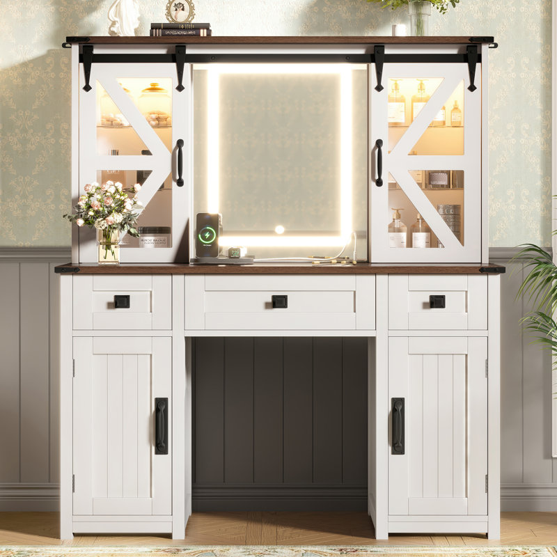 Bureau de maquillage avec miroir lumineux, tabouret de rangement et station de charge