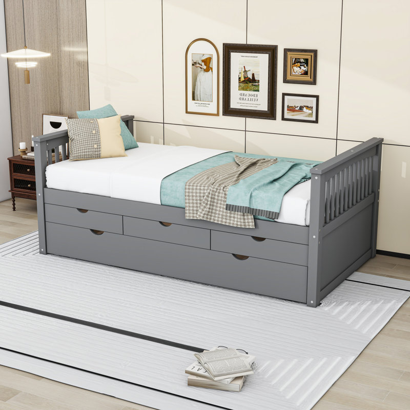 Lit plateforme simple à trois tiroirs en bois avec lit gigogne et lattes, gris