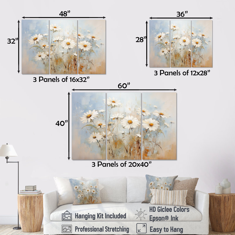 «White Daisy Fields Elegance - Daisies», ensemble d'art sur toile, H 32 po x l 48 po x P 1 po