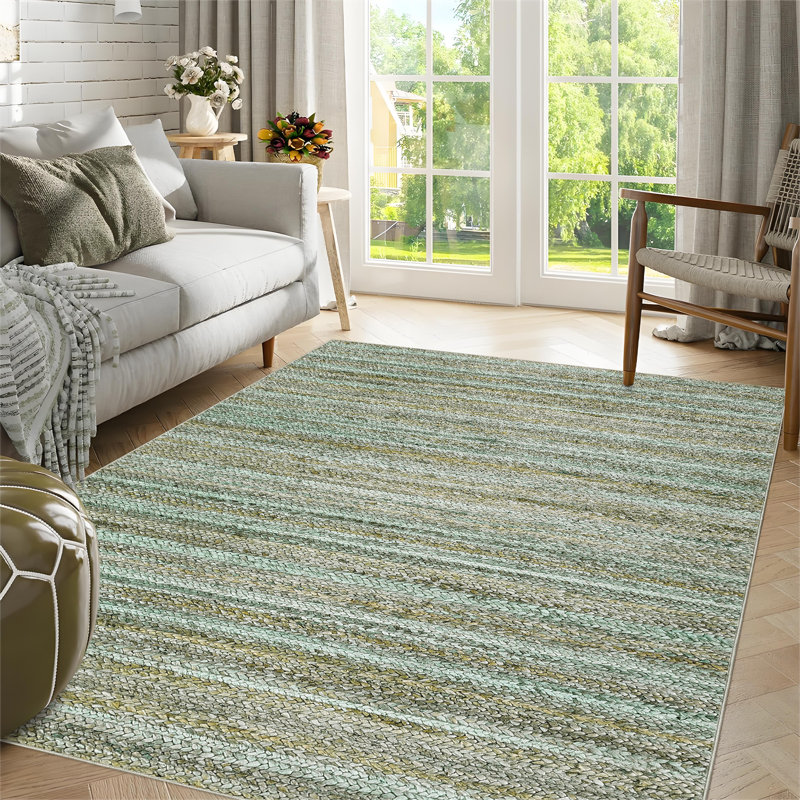Extra Large 10x13 Living Room Area Rug Farmhouse Ombre Washable Rug Printed Braid Indoor Floor Carpet with Non Slip Backing Low Pile Foldable Accent Rug for Home Office, Green+Camel