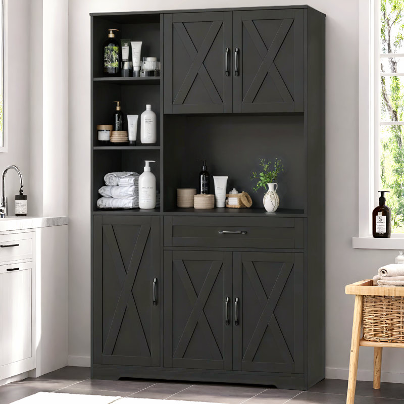 Nechemya 70.8" Freestanding Bathroom Cabinet with Center Drawer, Wood Storage Bathroom Cabinet with 4 Doors, Black