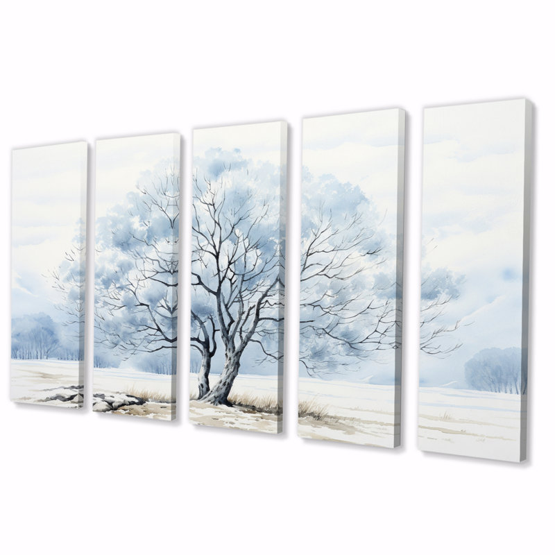 Arbre glace bleu harmonie encre monochrome 5 pièces