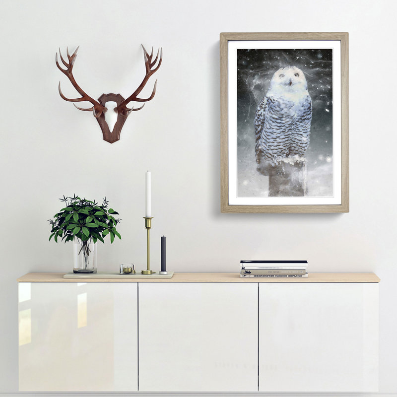 Snowy Owl on a Perch - Picture Frame Graphic Art Print, 48cm H x 36cm W x 2cm D, Oak Framed