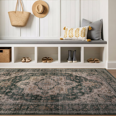 Tapis rétro vert antidérapant lavable à la machine Vintage Medallion