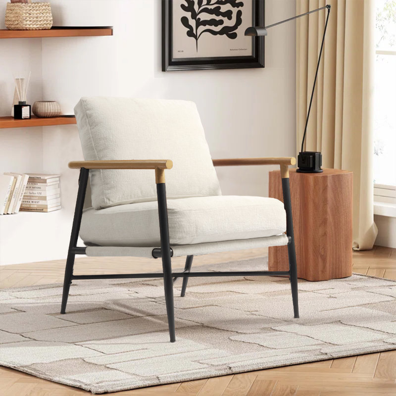 Dajauna Midcentury Modern Upholstered Metal Frame Chenille Arm Accent Chair, Beige Chenille