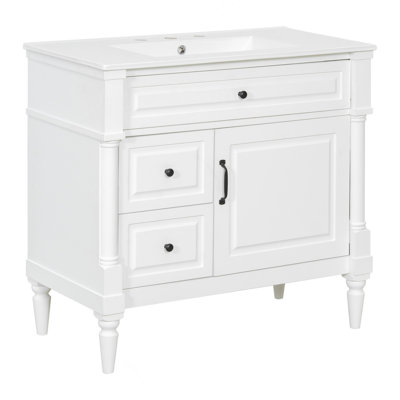 Meuble-lavabo de 36 po avec lavabo, armoire de salle de bain autoportante avec lavabo en céramique, tiroir rabattable, tablette réglable, structure en bois d'hévéa et panneaux de fibres à densité moyenne, poignées en métal, finition peinte en blanc