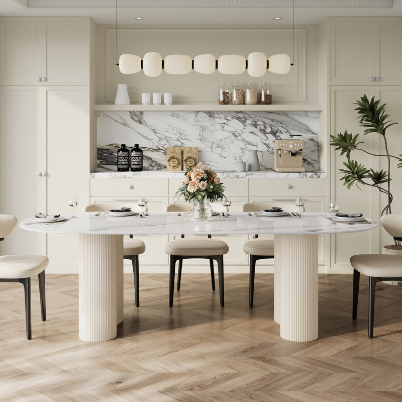 78" Luxury Faux Marble 6- 8 People Oval Dining Table, Double Roman Column White Legs Modern Minimalist Kitchen Table for Living Room Dining Room