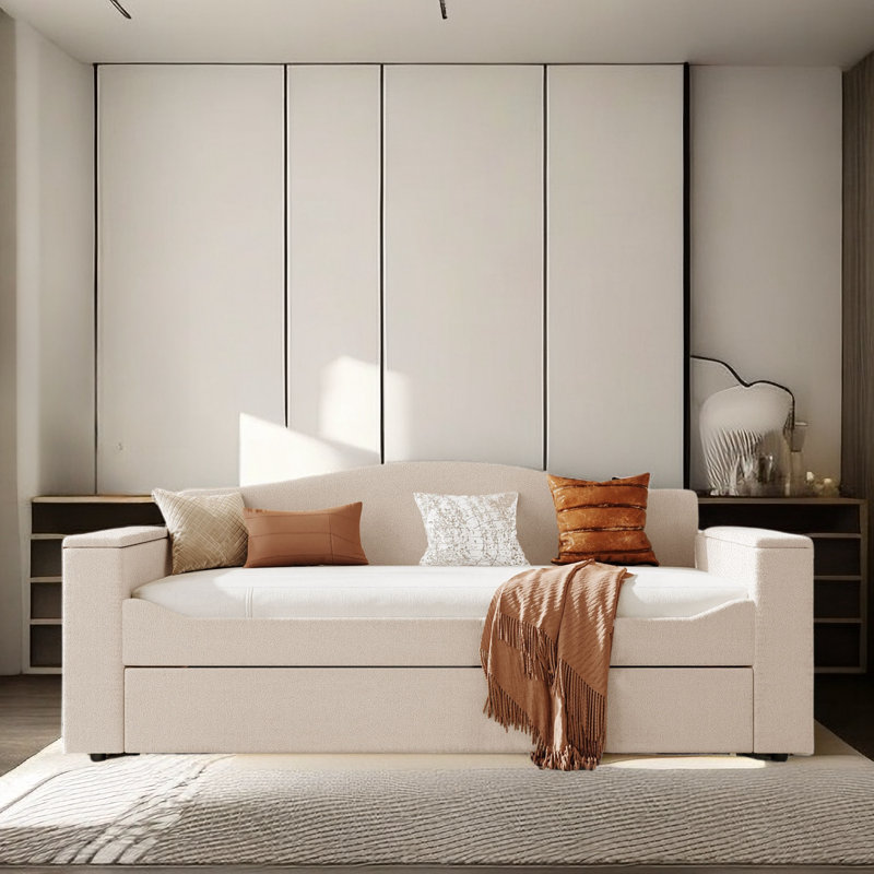 Incee Upholstered Teddy Daybed with Trundle Bed, Beige