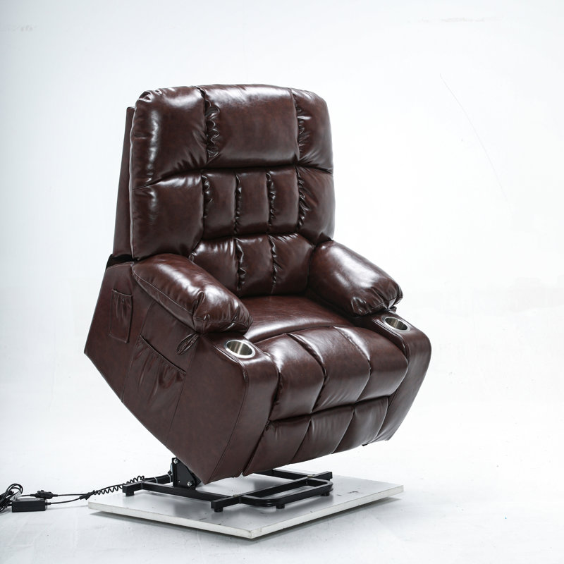 Big Man Recliner in 26-inch Seat Width, Large Power Lift Chair with Heated Massage & Cup Holder, Brown Faux Leather