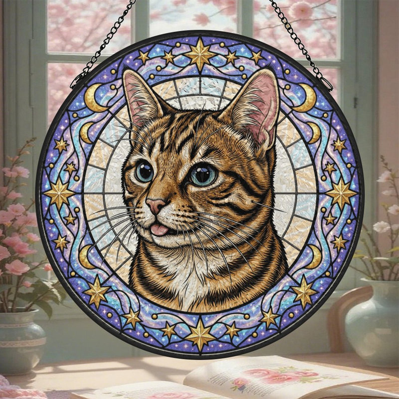 Panneau de vitrail Tabby Cat, 7,8 x 7,8 po (20 x 20 cm)