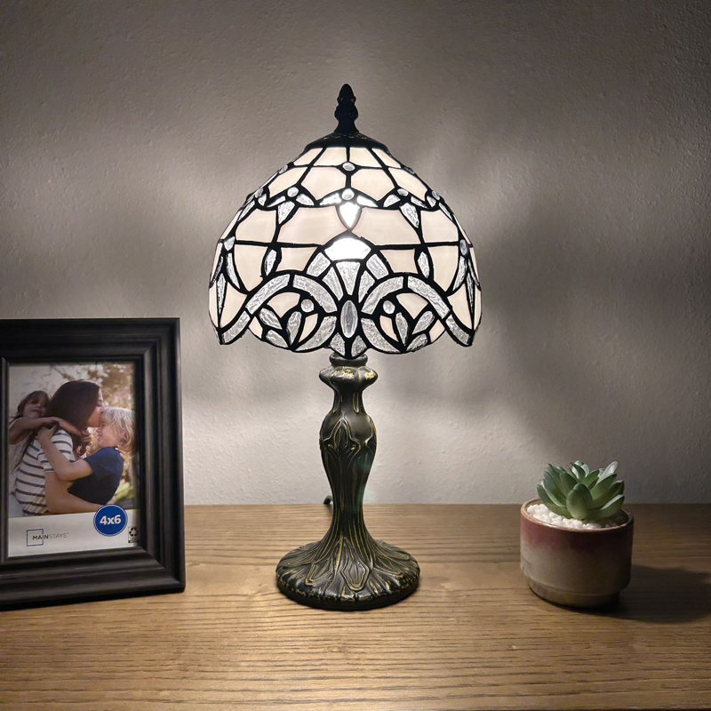 White Stained Glass Baroque Style Mini Table Lamp with Bronze Base