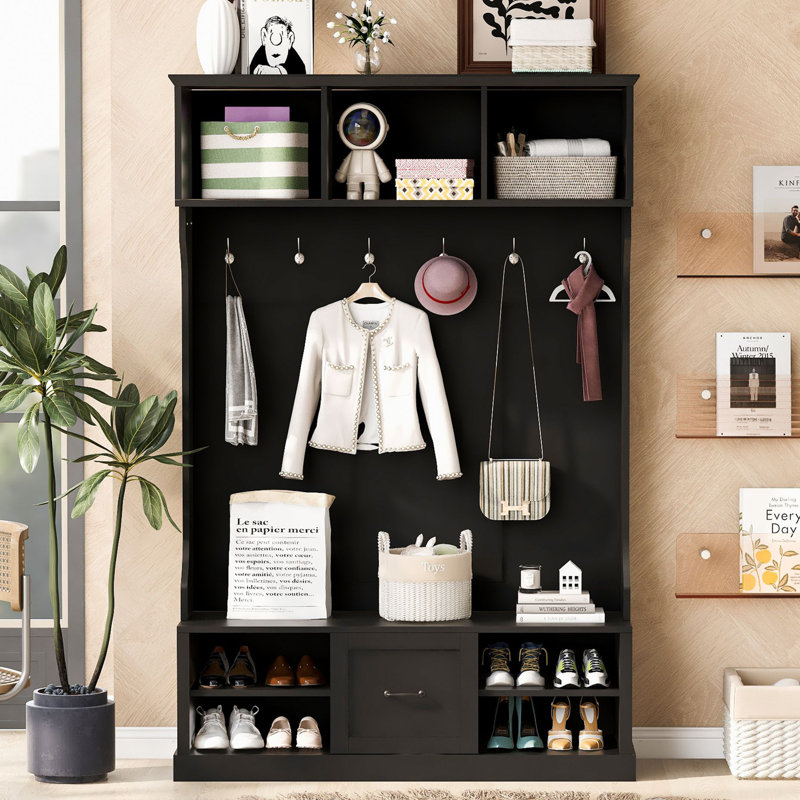 57'' Wide Hall Tree With Storage Bench For Hallway, 3-In-1 Hall Tree With 6 Hooks, Coat Hanger, Entryway Bench With Coat Rack Hall Tree With Shoe Storage