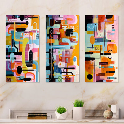 Midcentury Geometric Funny Collage I - Abstract Geometric Metal Wall Art Prints Set Of 3
