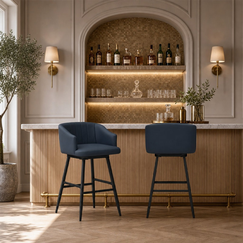 Tabouret de bar pivotant Kazuya bleu orageux en similicuir, hauteur comptoir ou bar, Bar Stool (30" Seat Height)