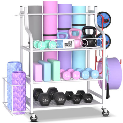 Yoga Mat Storage Racks,Home Gym Storage Rack For Dumbbells Kettlebells Foam Roller, Yoga Strap And Resistance Bands, Workout Equipment Storage Organizer With Hooks And Wheels, White
