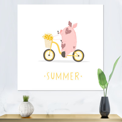 Petit cochon sur une bicyclette d'été - reproduction d'art sur toile pour enfants