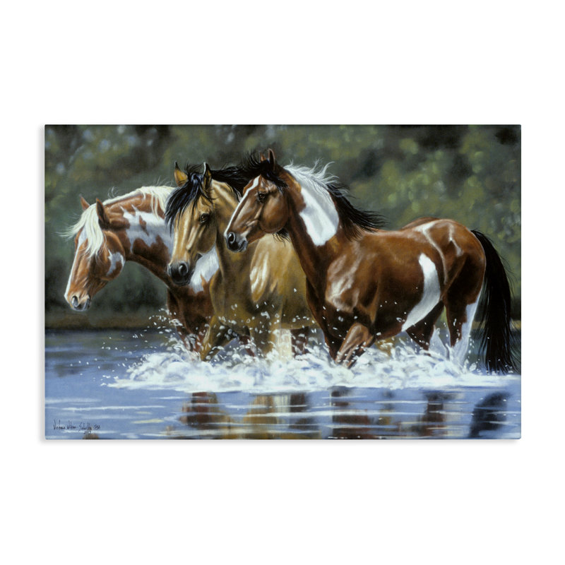Art mural sur toile "Heading Up Stream Horses" par Victoria Schultz, H 16 po x l 24 po