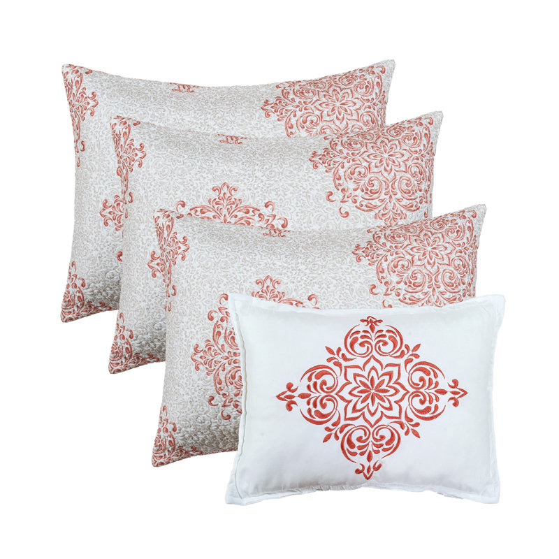 Polyester Damask Quilt with Pillow Shams, Coral