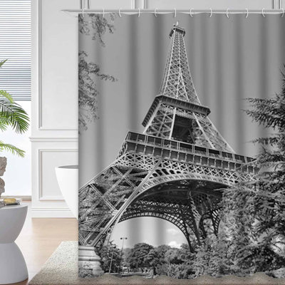Rideau de douche gris avec 12 crochets Tour Eiffel Paris