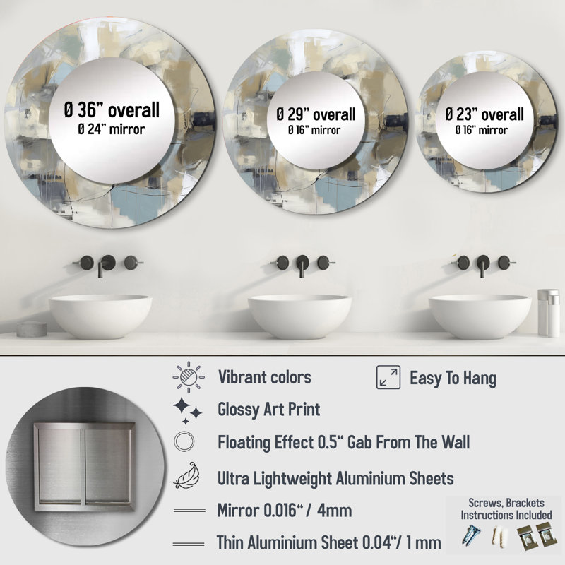Prebor Beige And Grey Unbounded Creativity I - Abstract Painting Mirror, Beige Round Unique Wall Mirror, Printed Metal Art