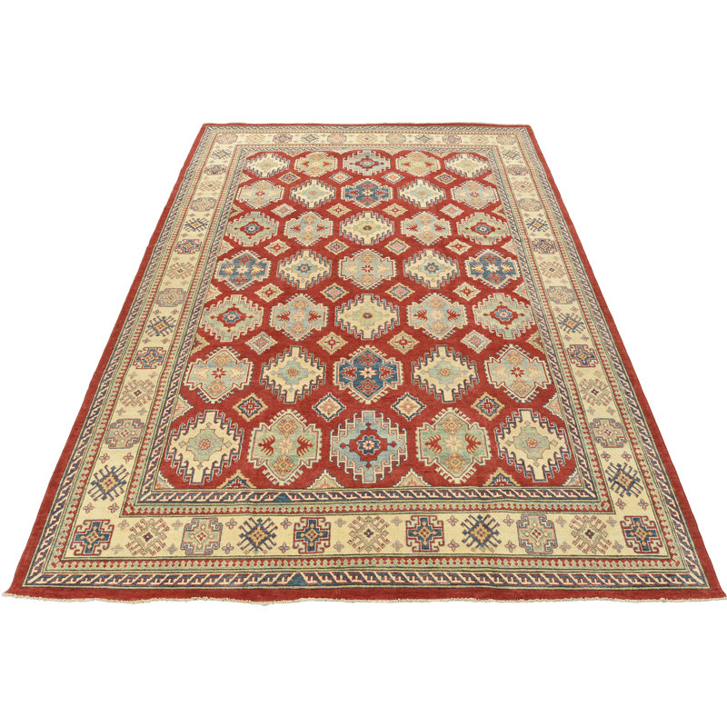 Tapis géométrique en laine noué à la main rouge / bleu / beige
