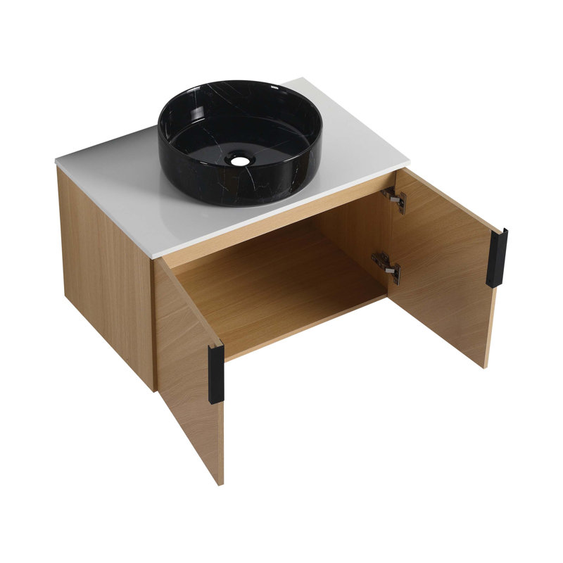 Meuble-lavabo mural avec lavabo d'art en céramique et dalle de pierre artificielle, portes à fermeture en douceur, contreplaqué durable pour un assemblage et un rangement faciles