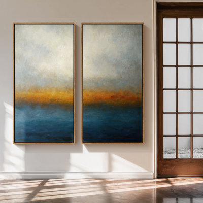 Horizon lueur bleue abstraite pour salle à manger - ensemble de 2 reproductions d'art encadrées sur toile 60 po x 30 po x 2 pièces