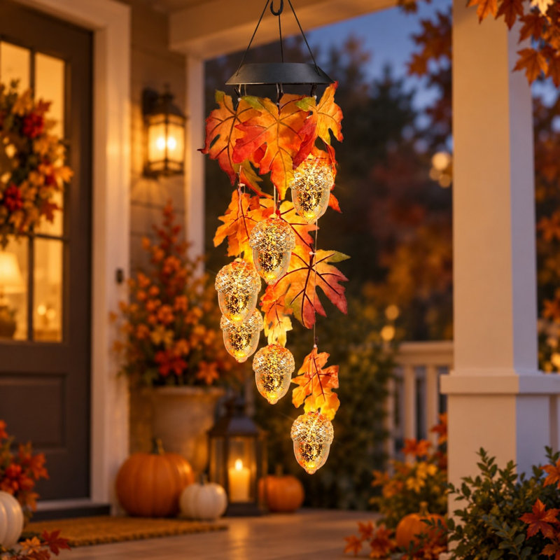 Carillon solaire à vent en forme de gland, feuilles de chêne suspendues pour un décor extérieur d'automne