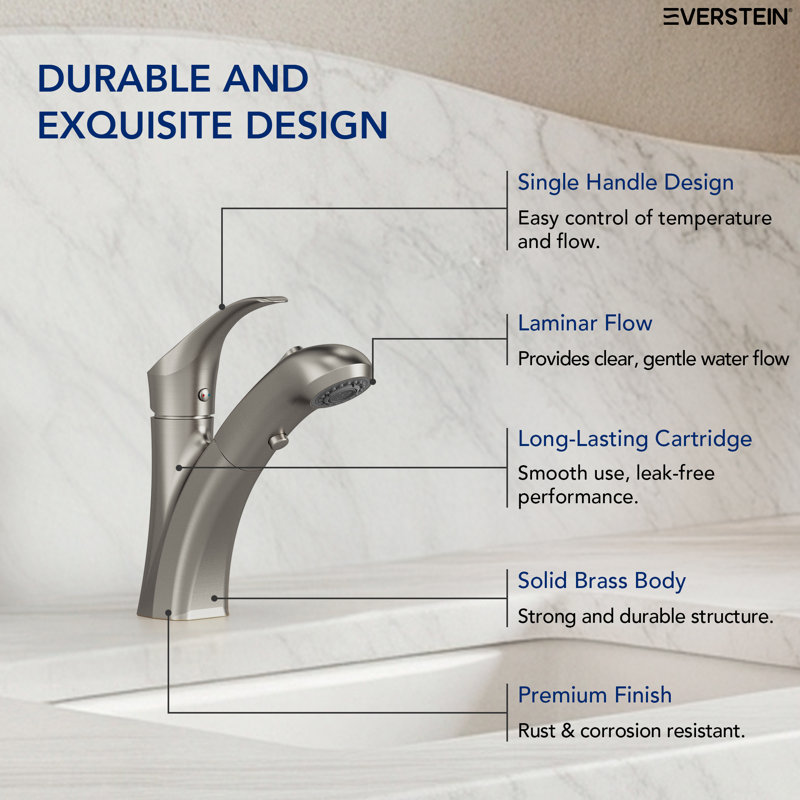 Single Hole Pull-Out Bathroom Faucet, 2-Function Sprayer Bathroom Sink Faucet with Drain Assembly, Brushed Nickel