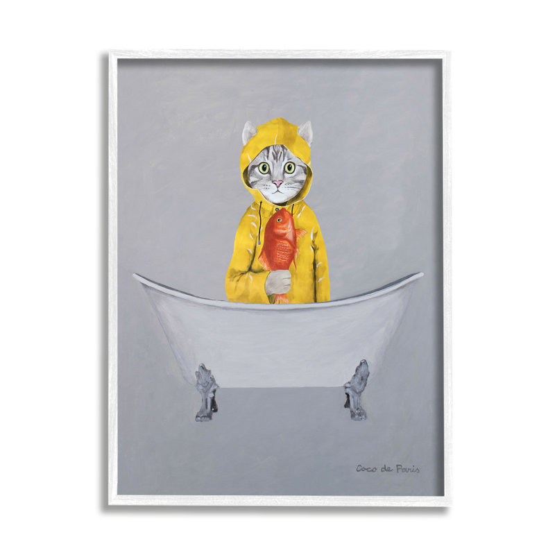 Baignoire à pattes jaunes avec un chat et des pattes par Coco de Paris - Peinture, H 20 po x l 16 po x P 1,5 po