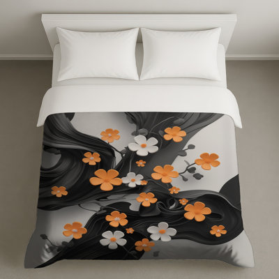 Housses de couette orange, fleurs blanches
