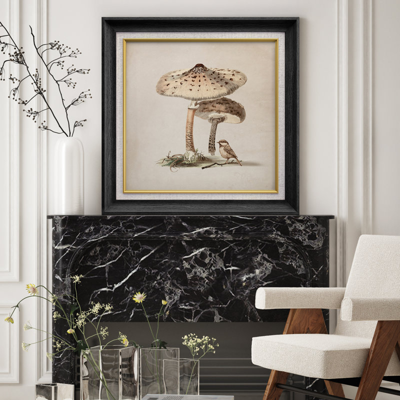 Illustration rétro d'un champignon et d'un oiseau, Cadre noir de qualité supérieure, H 26 po x l 26 po x P 1,5 po